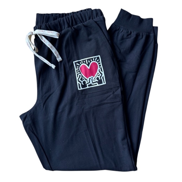 Keith Haring Black Joggers with Heart Design Fleece Brushed - Picture 1 of 3